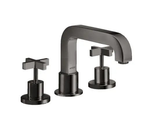Drei-Loch-Wannenrandarmatur von AXOR mit Kreuzgriffen in Polished Black Chrome. Die Armatur hat einen gewundenen Auslauf und zwei separate Bedienelemente.